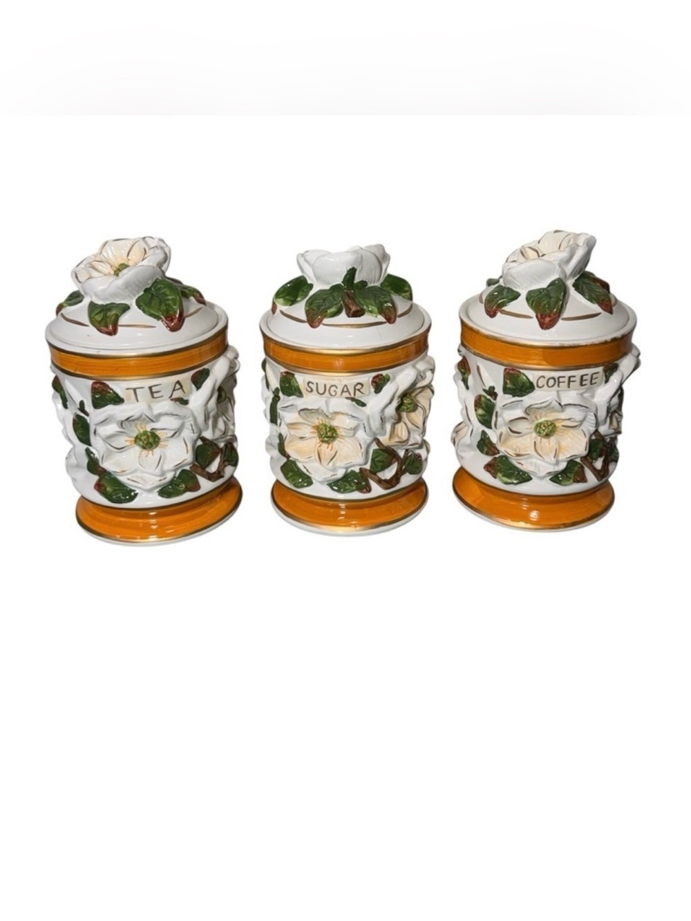 Vintage Floral Ceramic Canister Set-3-D Floral Design Coffee Tea Sugar